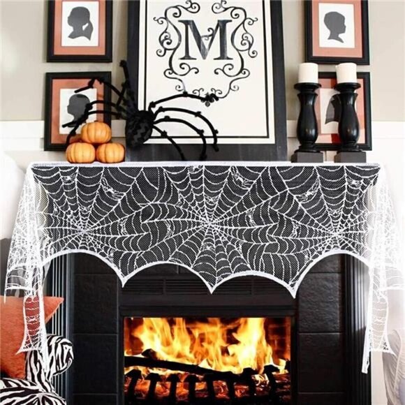 Halloween Decorations Indoor Fireplace Mantel Scarf, White Lace Spiderweb Fire - Picture 6 of 8